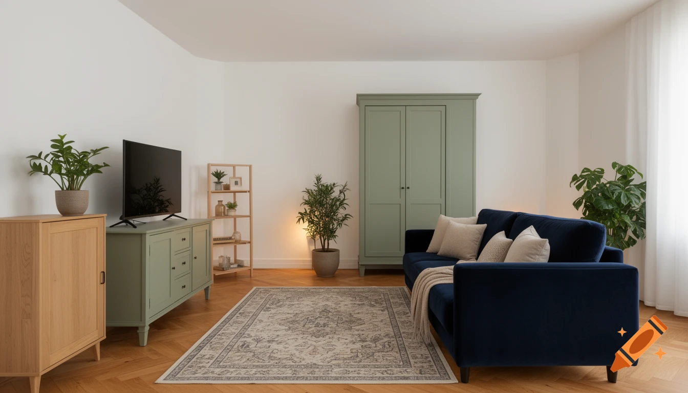 Cozy living room with dark blue velvet sofa, sage green cabinets, wooden furniture, plants, TV, and vintage rug on a wood floor.