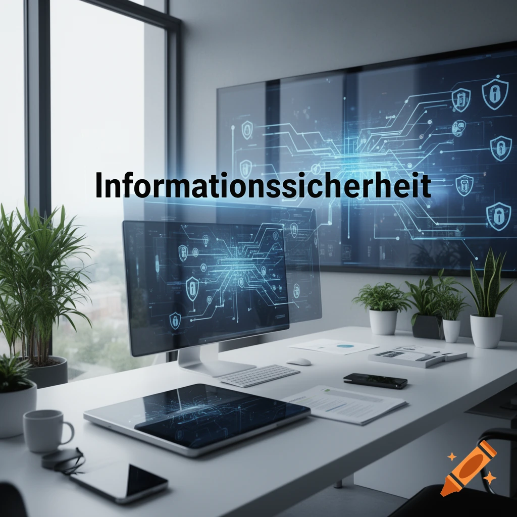 A modern office desk with computer monitors displaying cybersecurity graphics, featuring the overlaid text 'Informationssicherheit'.