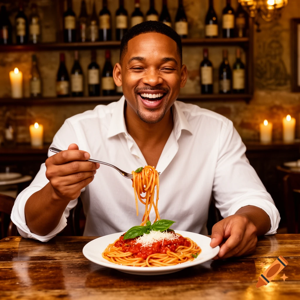Will Smith smiling and twirling spaghetti on a fork in a warm, candlelit Italian restaurant.