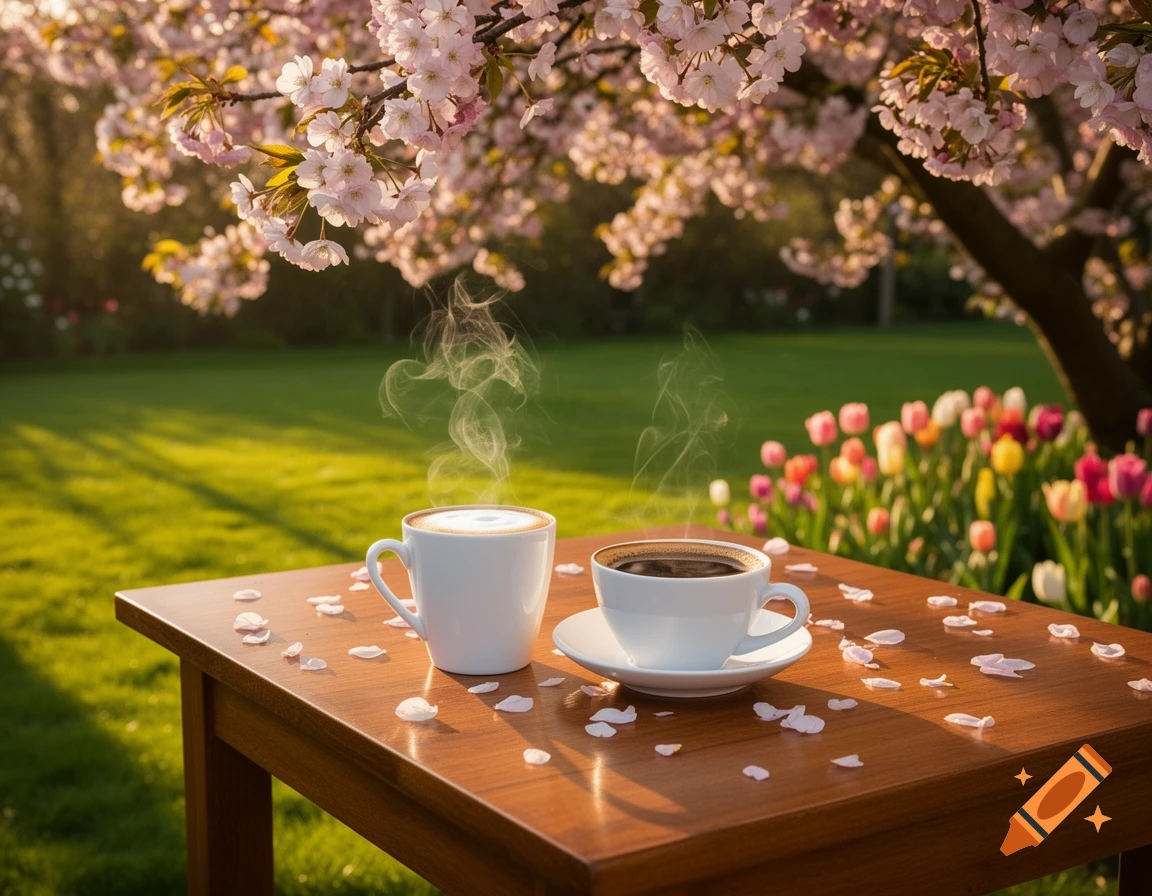 Steaming coffee and cappuccino cups on a wooden table with cherry blossom petals, in a sunny spring garden with blooming trees and tulips.