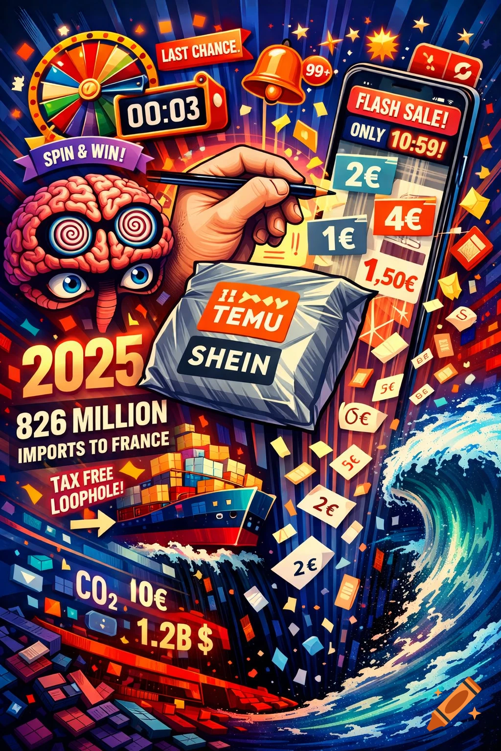 Vibrant illustration depicting online shopping addiction and its impacts, with a brain, smartphone, 'Temu' and 'Shein' packages, currency, and a cargo ship on stormy waters.