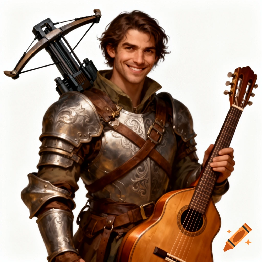 A smiling human bard in ornate armor, carrying a crossbow and a guitar, in a fantasy digital painting style.