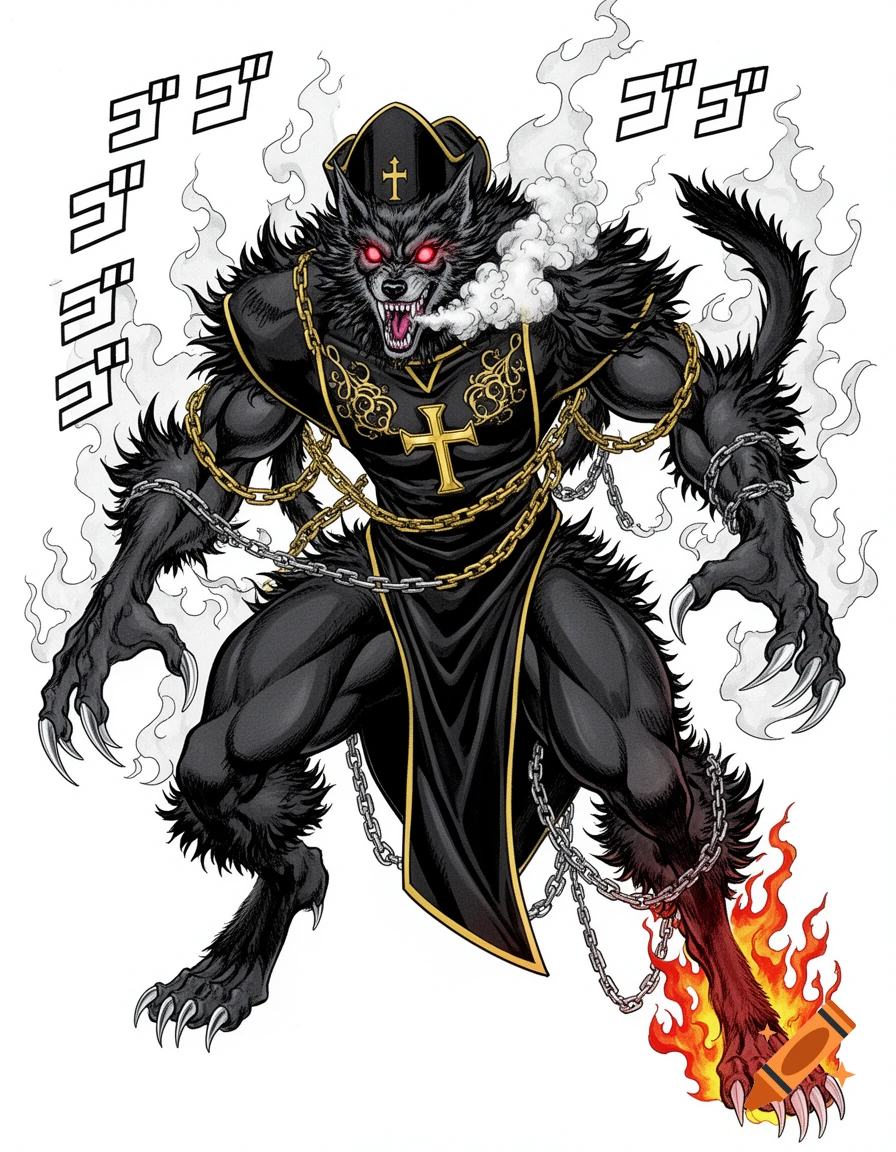 A humanoid werewolf in a priest's hat and dark robes with chains, smoke, and fiery foot, in a manga art style.