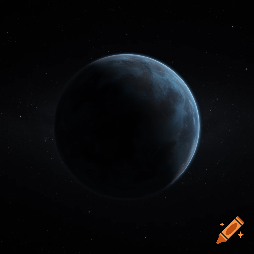 A dark blue and black planet in deep space with scattered stars.
