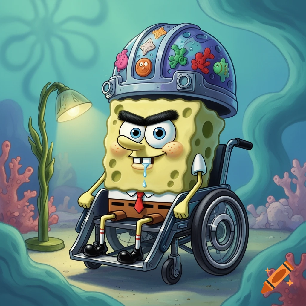Spongebob with a unibrow wearing a helmet, sitting in a wheelchair with drool, in an underwater scene.