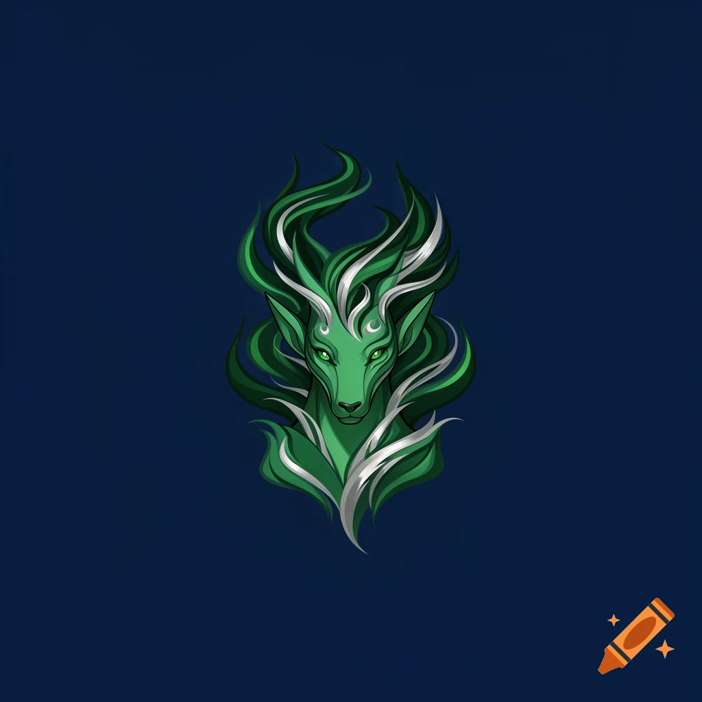 Stylized green creature with glowing eyes and flowing green and white hair on a dark blue background, illustration.