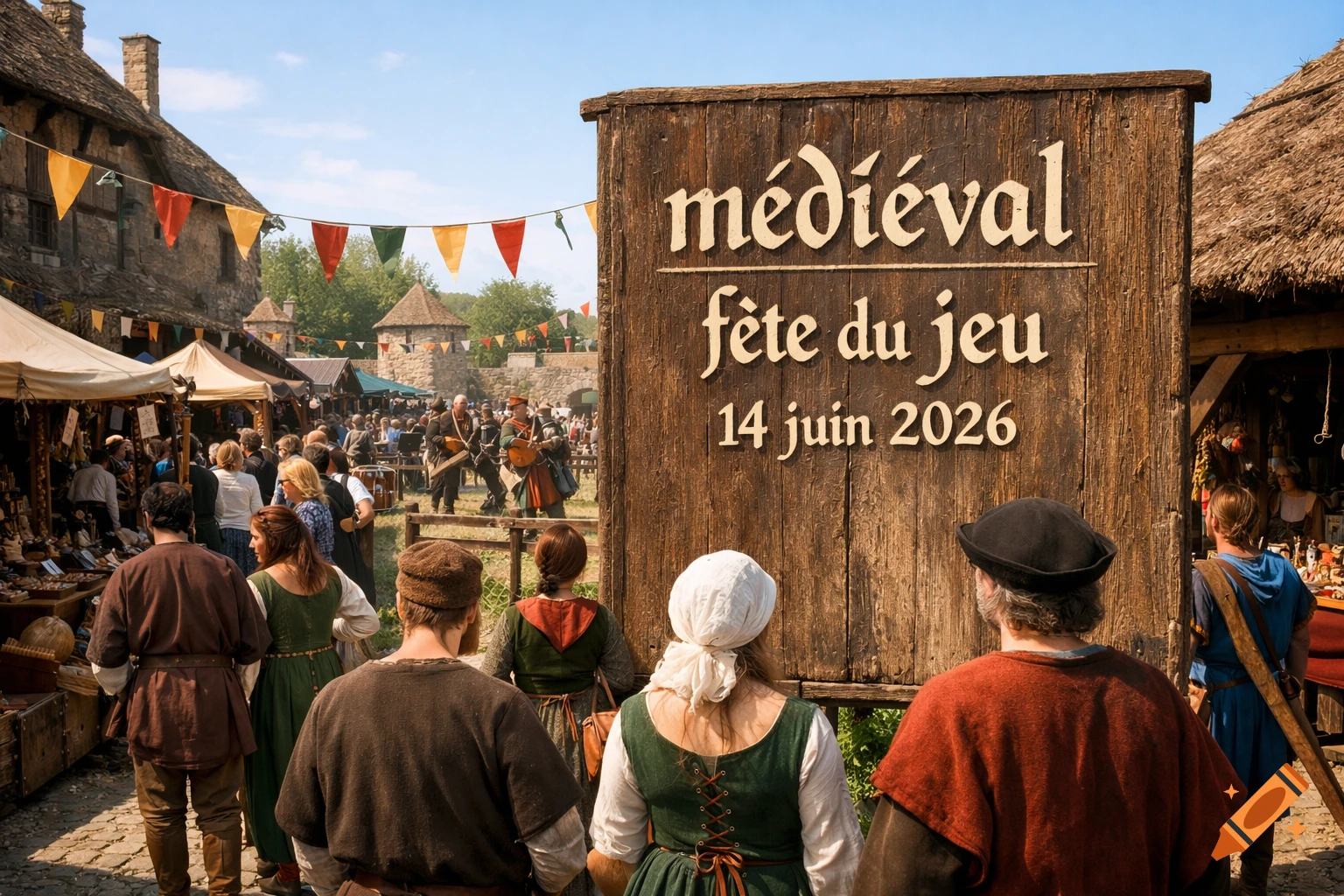 A lively medieval festival with people in period costumes browsing stalls and looking at a large wooden sign for "médieval fête du jeu 14 juin 2026".