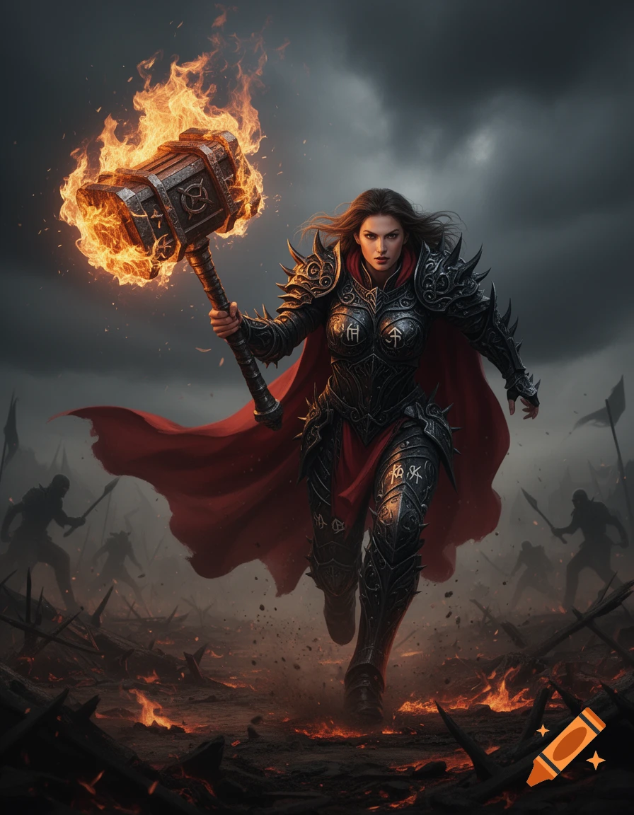 A strong female warrior in black spiked armor with a red cape charges forward, holding a large flaming mace on a fiery battlefield under a dark sky. Silhouetted figures fight in the background.