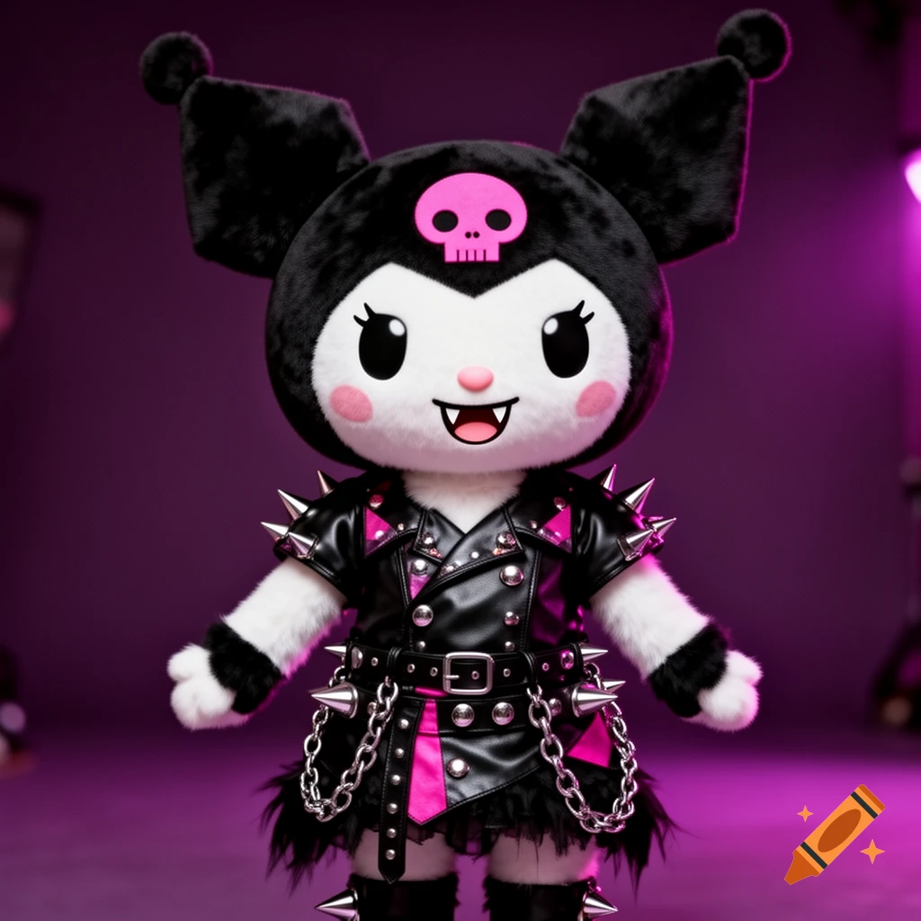 A plush Kuromi character wears a black and pink studded leather jacket with chains, against a vibrant purple background.