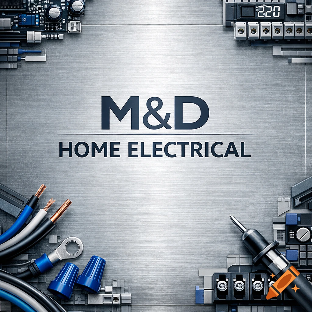 Brushed metal background with 'M&D HOME ELECTRICAL' text, framed by electrical wires, connectors, and circuit board components.