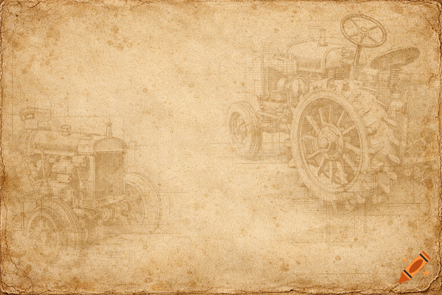 Faded blueprint sketches of two vintage tractors on aged, sepia-toned paper with worn edges.