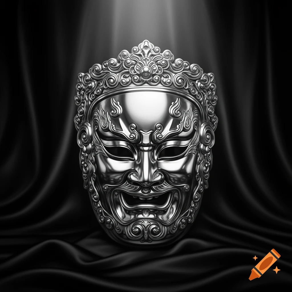 A highly detailed, shiny chrome traditional ancient Chinese mask with intricate patterns, set against a dark black silk background.