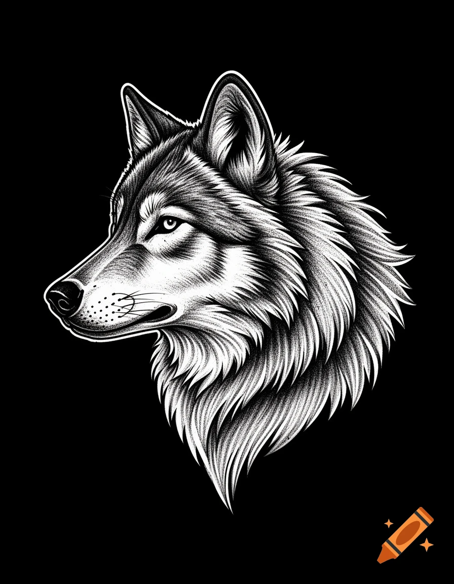 A black and white illustration of a majestic gray wolf's head in a side profile, with intricate linework in a tattoo style.