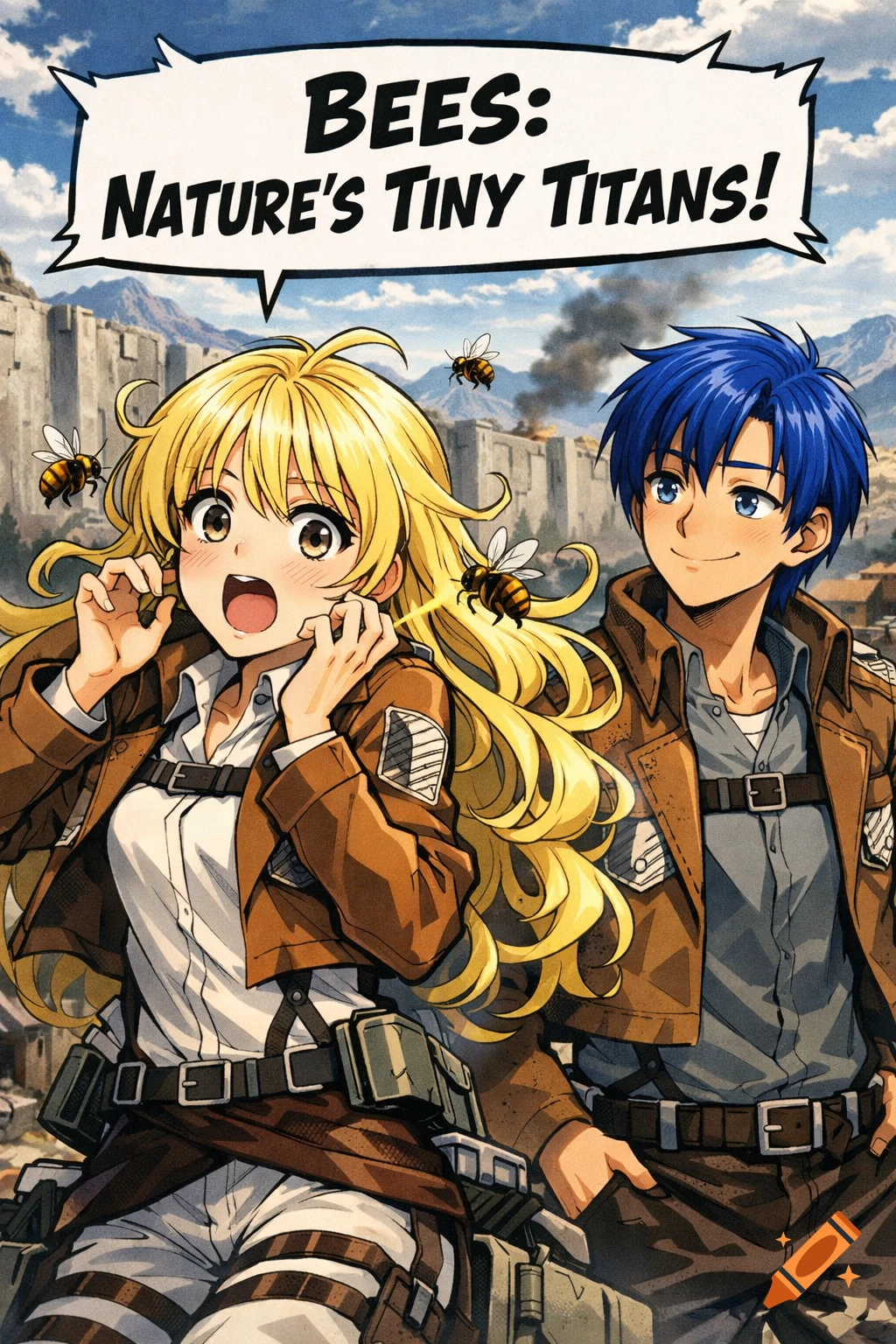 Anime-style image of a blonde girl and a blue-haired boy in Attack on Titan uniforms, with bees flying around them. A speech bubble reads "BEES: NATURE'S TINY TITANS!"