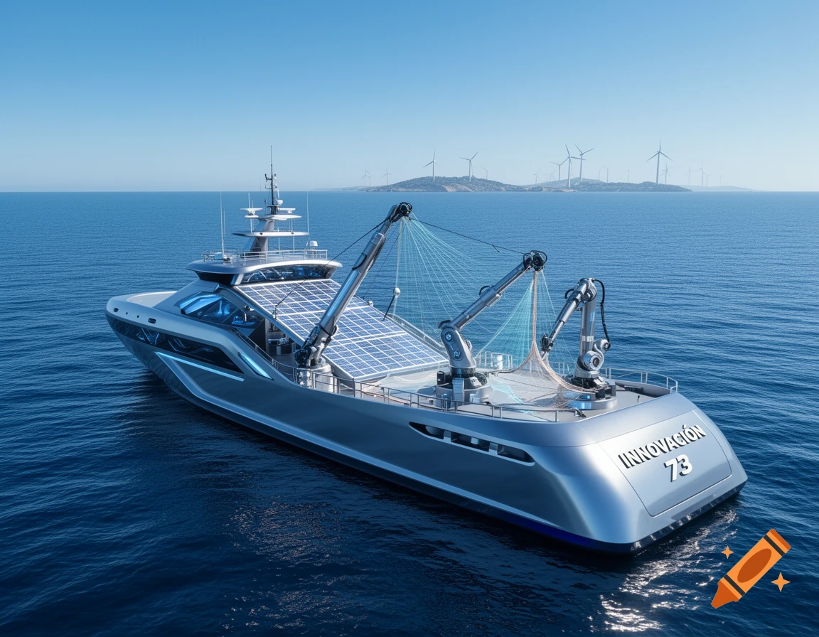 A sleek, futuristic silver ship with solar panels and robotic fishing arms on a blue sea, with wind turbines on a distant island.