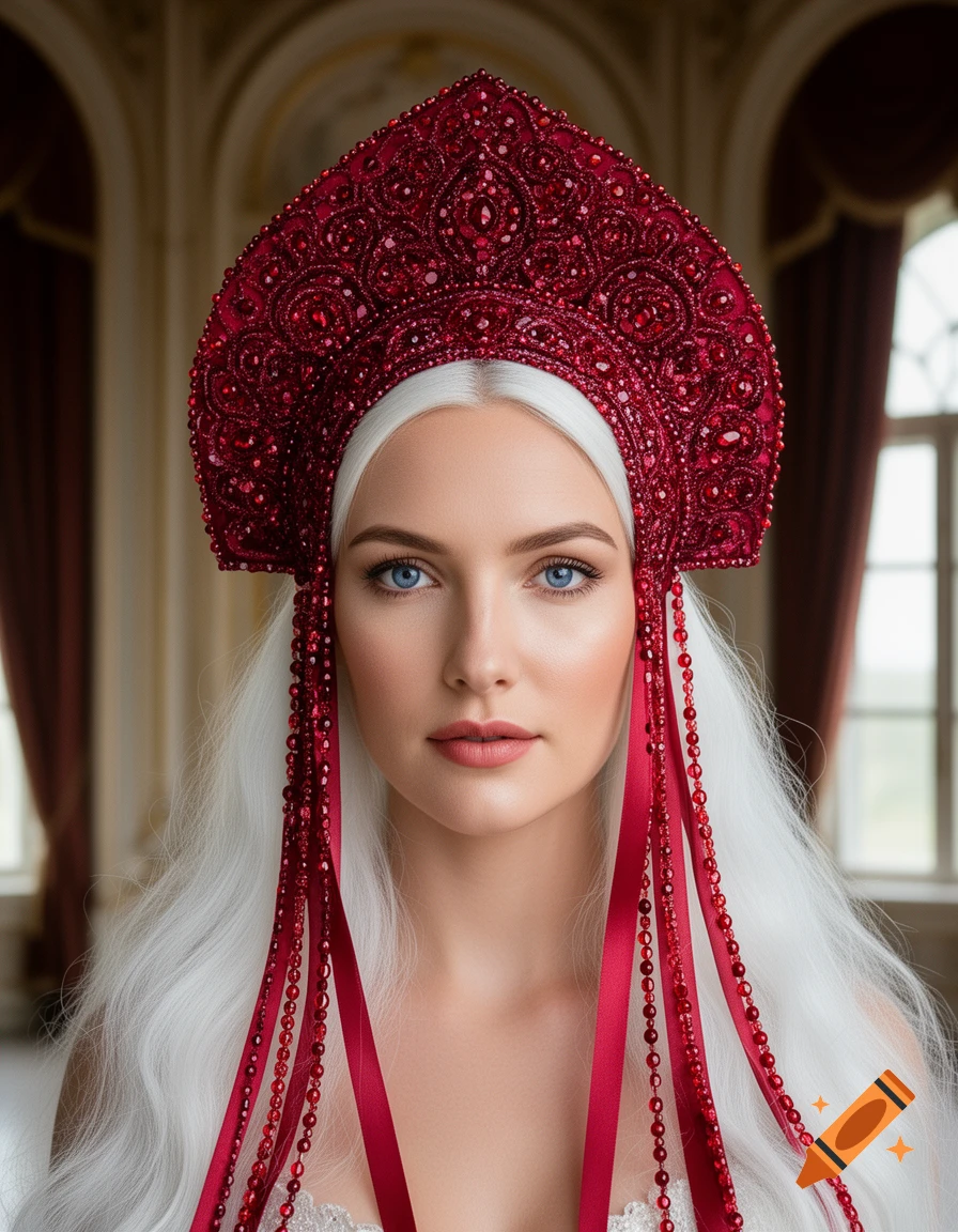 A white-haired, blue-eyed woman wearing an ornate ruby red kokoshnik with red beads and ribbons.