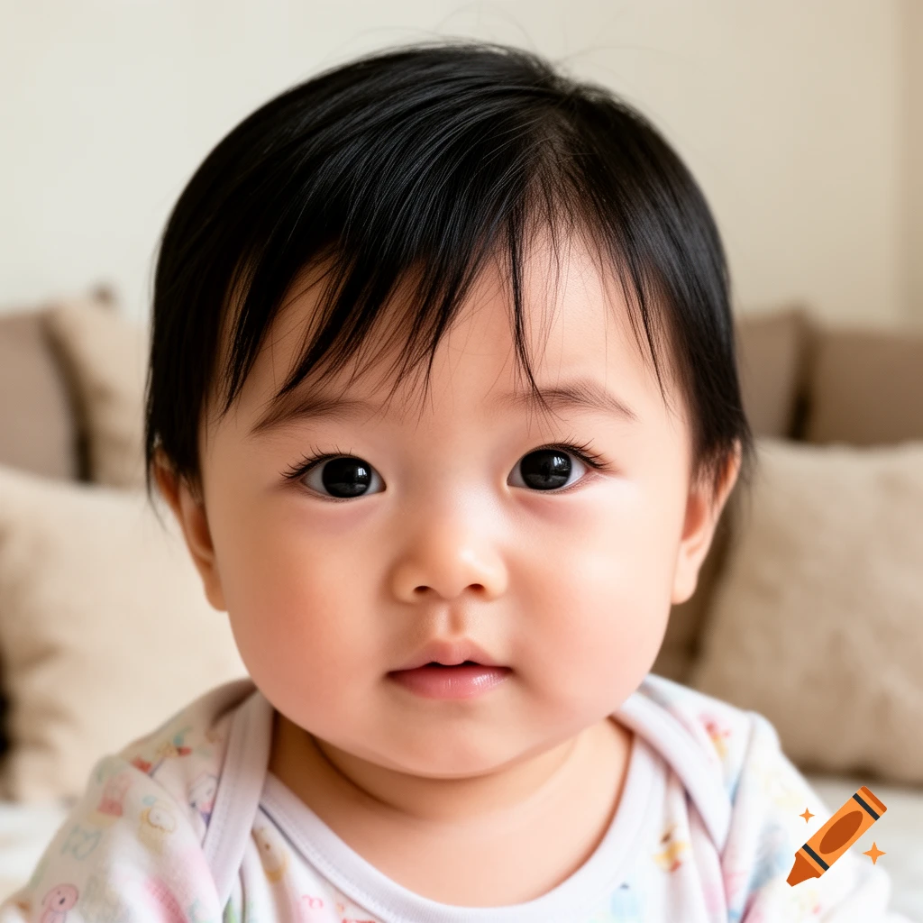 Close-up photorealistic portrait of an Asian baby girl with black hair, looking forward.