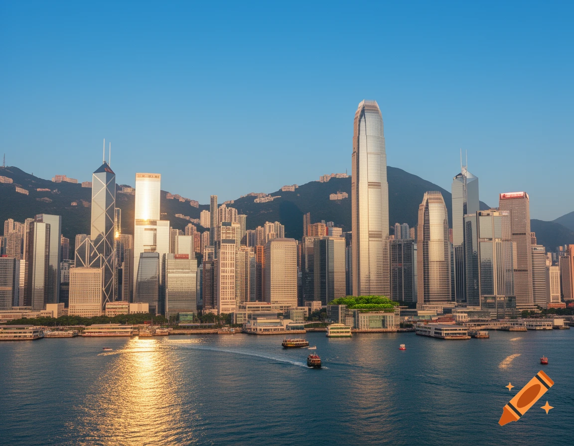 Photorealistic panoramic view of the Hong Kong skyline with numerous skyscrapers, mountains, and boats on the harbor reflecting sunlight.