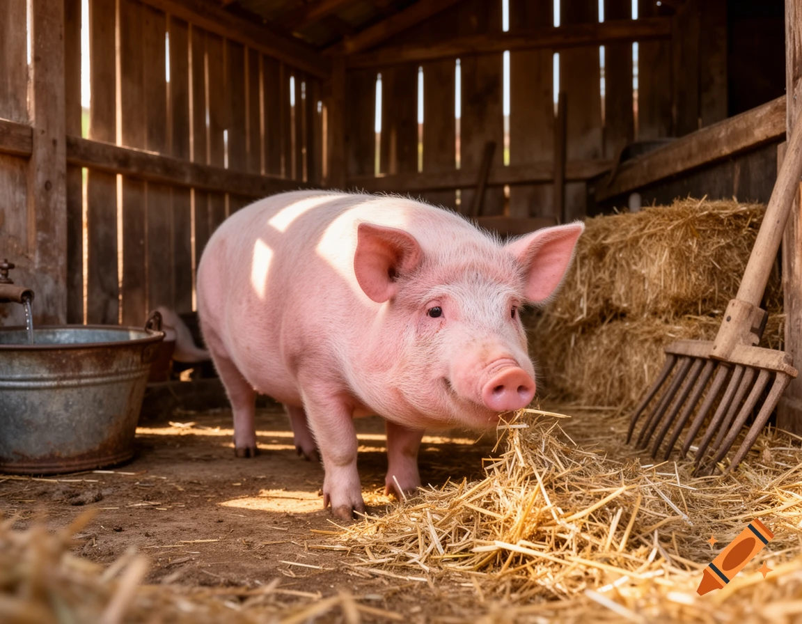 A photorealistic pink pig stands in a sunlit barn, surrounded by hay bales and a water bucket.