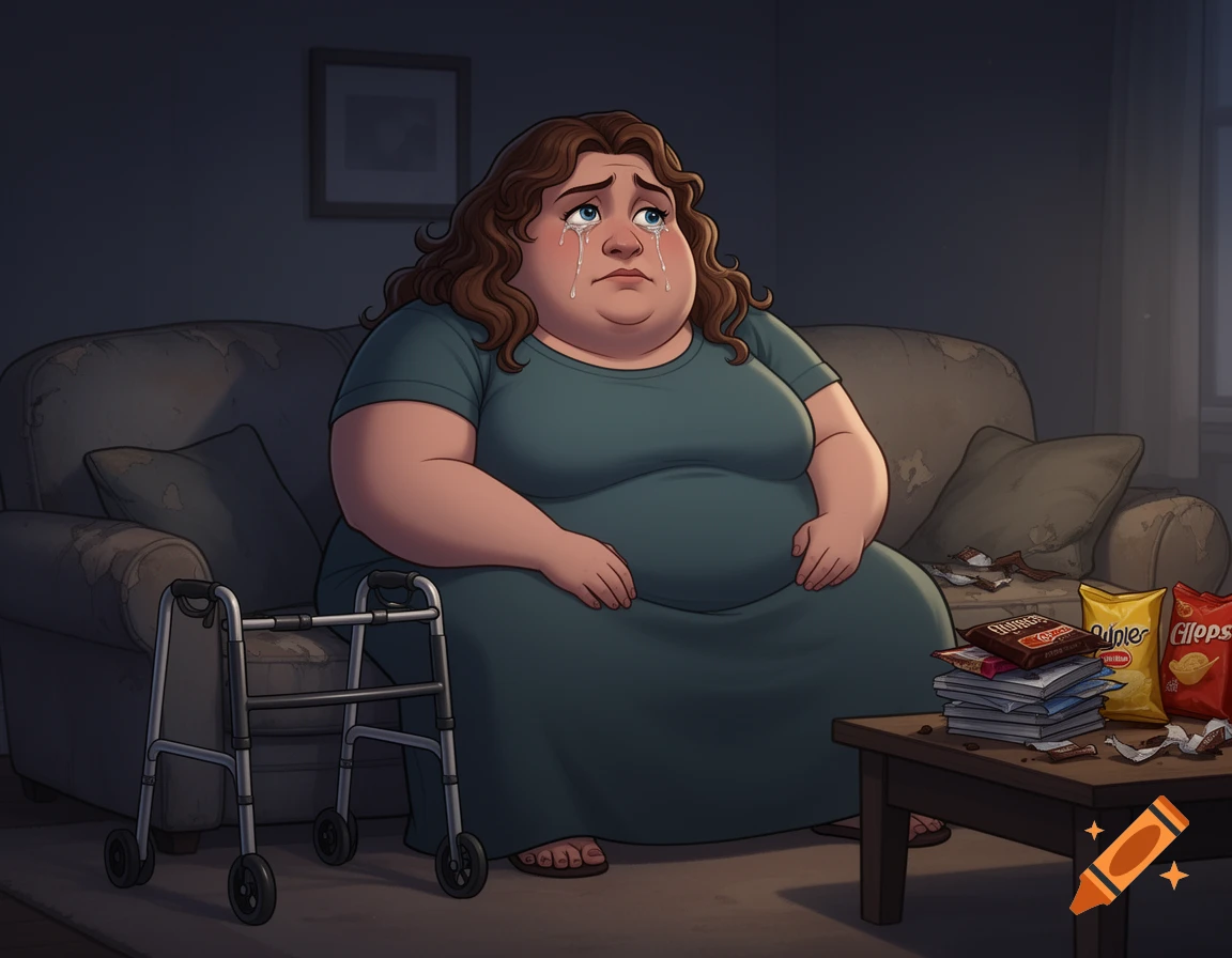 Cartoon of an extremely overweight woman crying on a couch with a walker nearby and snack wrappers on a table in a dimly lit room.