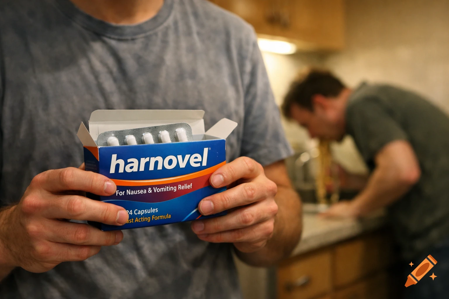 A man holds a box of "harnovel" pills for nausea, while a man in the background vomits into a sink.