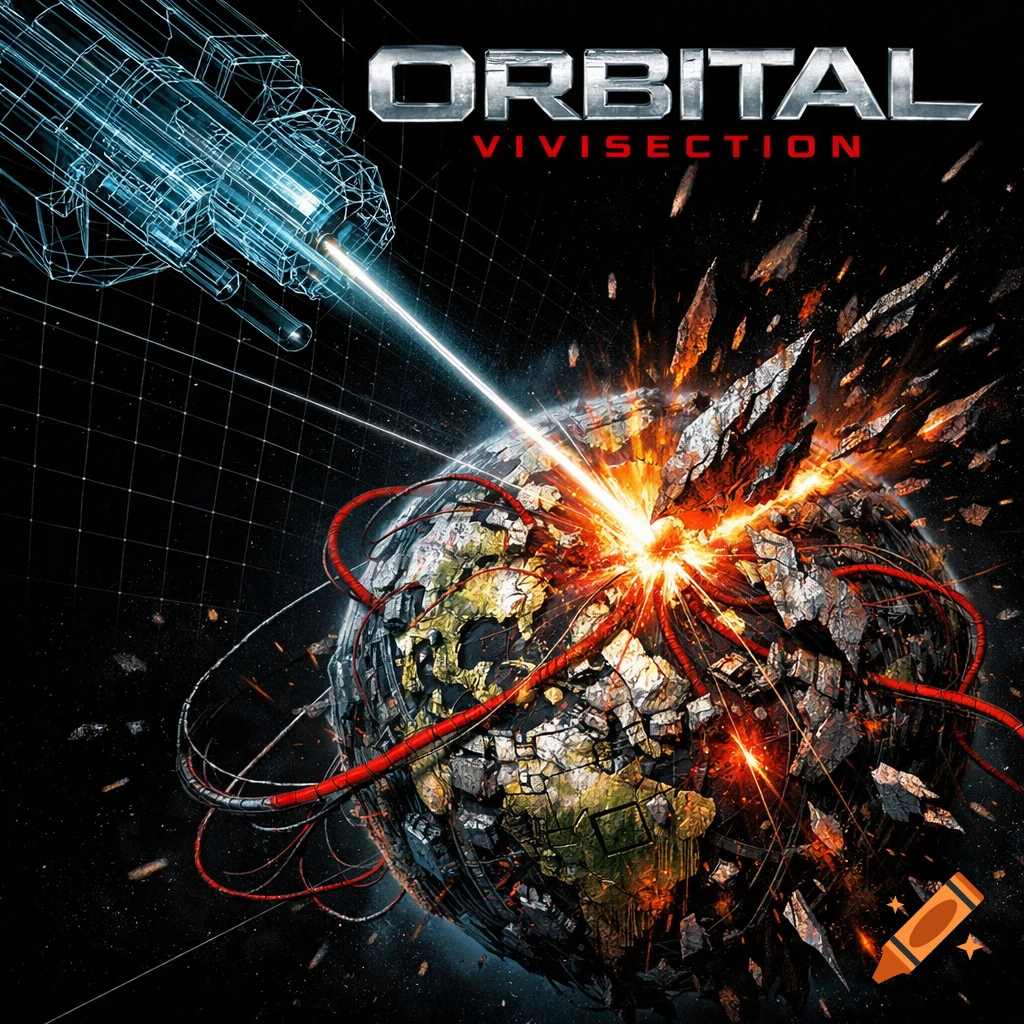 A wireframe spaceship fires a laser at a fractured, biomechanical planet exploding in space, with the title "ORBITAL VIVISECTION".