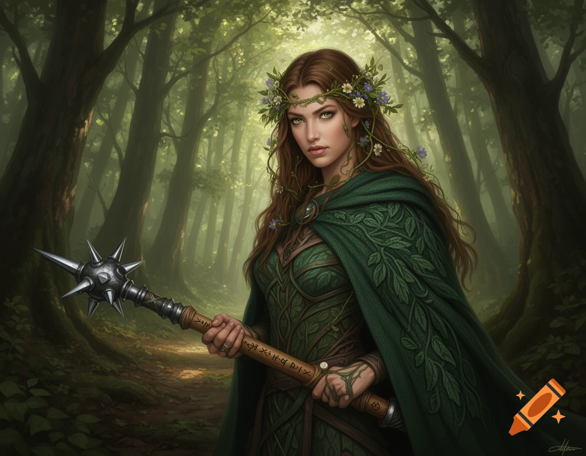 A female druid in green attire and a floral wreath holds a spiked flail in a mystical forest.