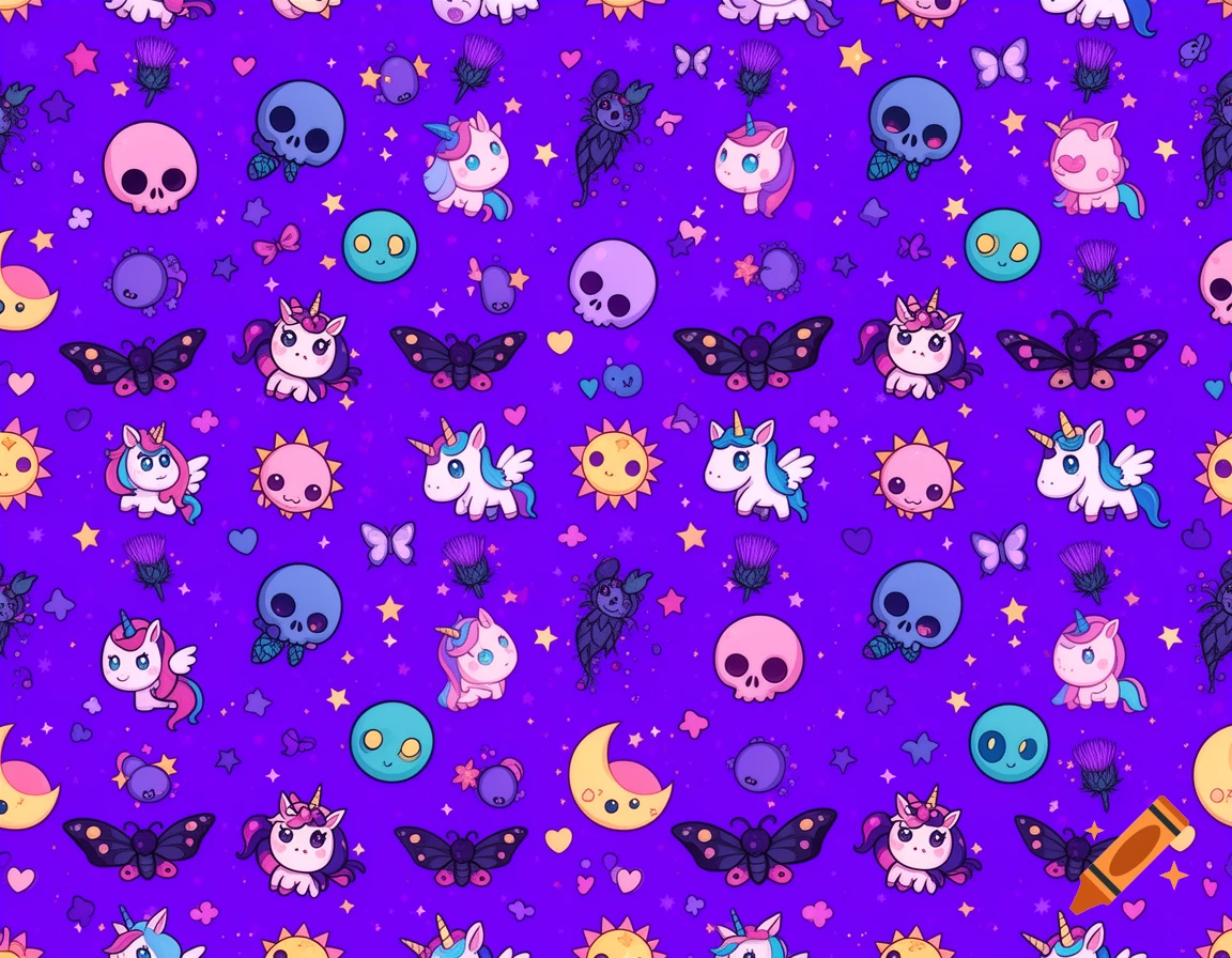 A seamless pattern of cute, chibi-style alicorns, skulls, moths, suns, and moons on a vibrant purple background, with small stars and hearts filling the gaps.