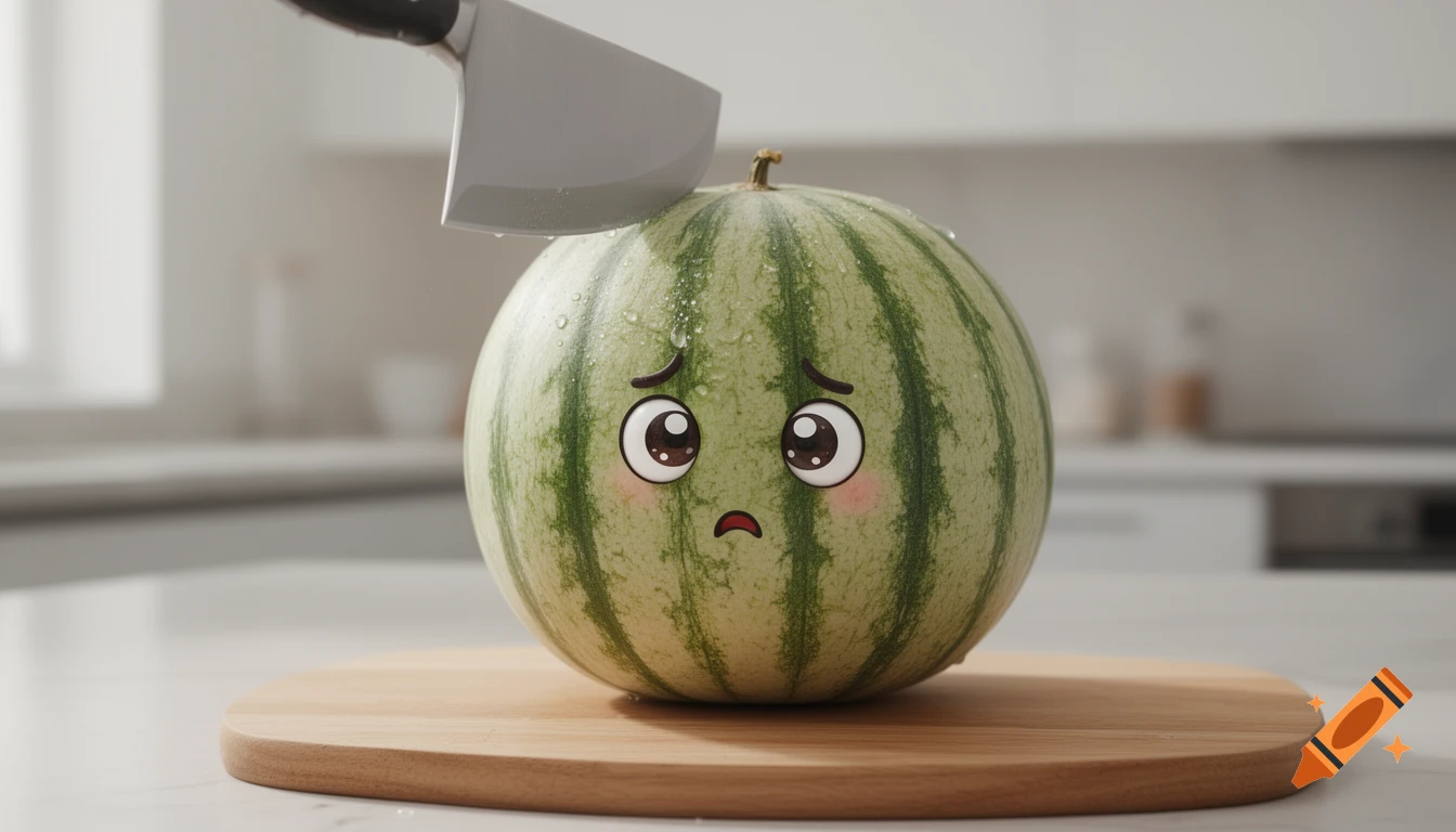 A hyper-realistic watermelon with a worried kawaii face sits on a cutting board, with a large chef's knife hovering above it in a kitchen.