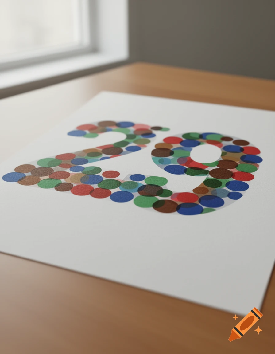 Number 29 formed by colorful dots on a white paper, resembling a color blindness test, on a wooden table.