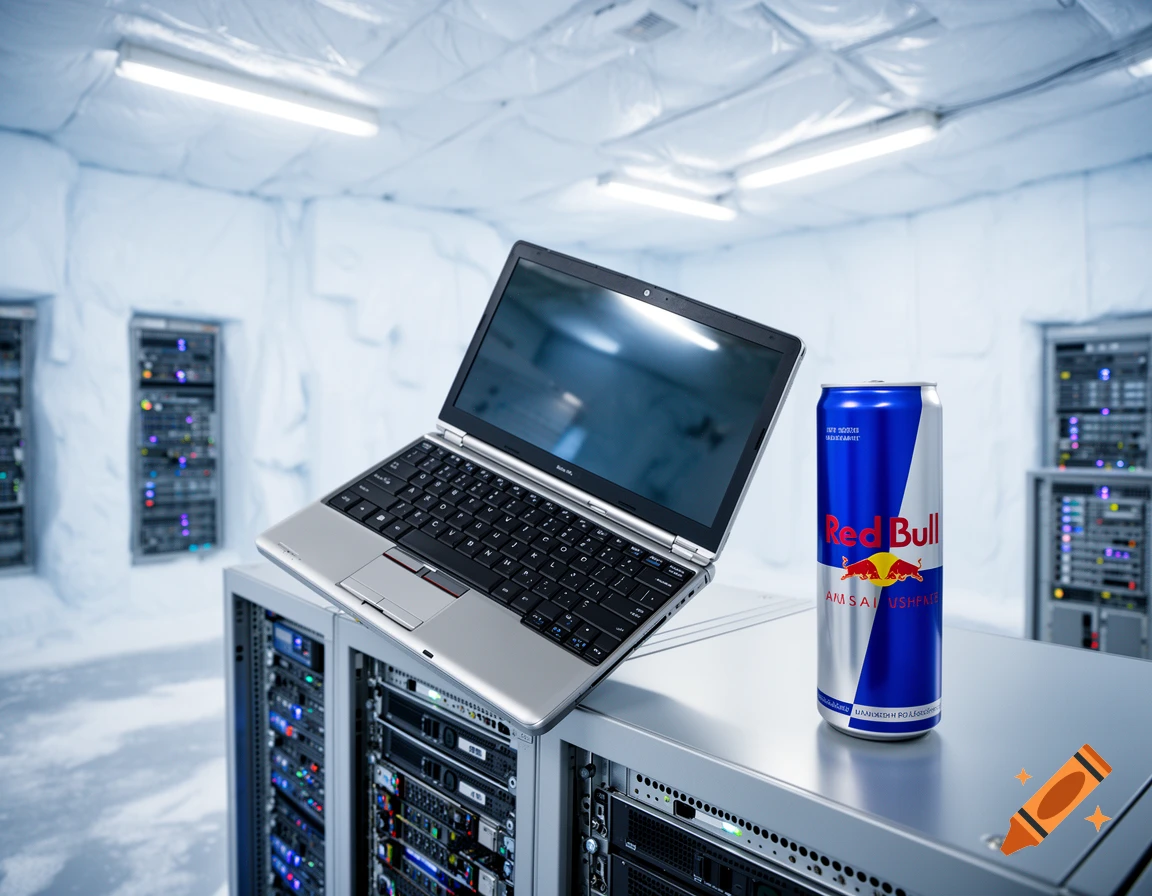 A laptop and a Red Bull can rest on server racks in a cold, white data center, photorealistic.