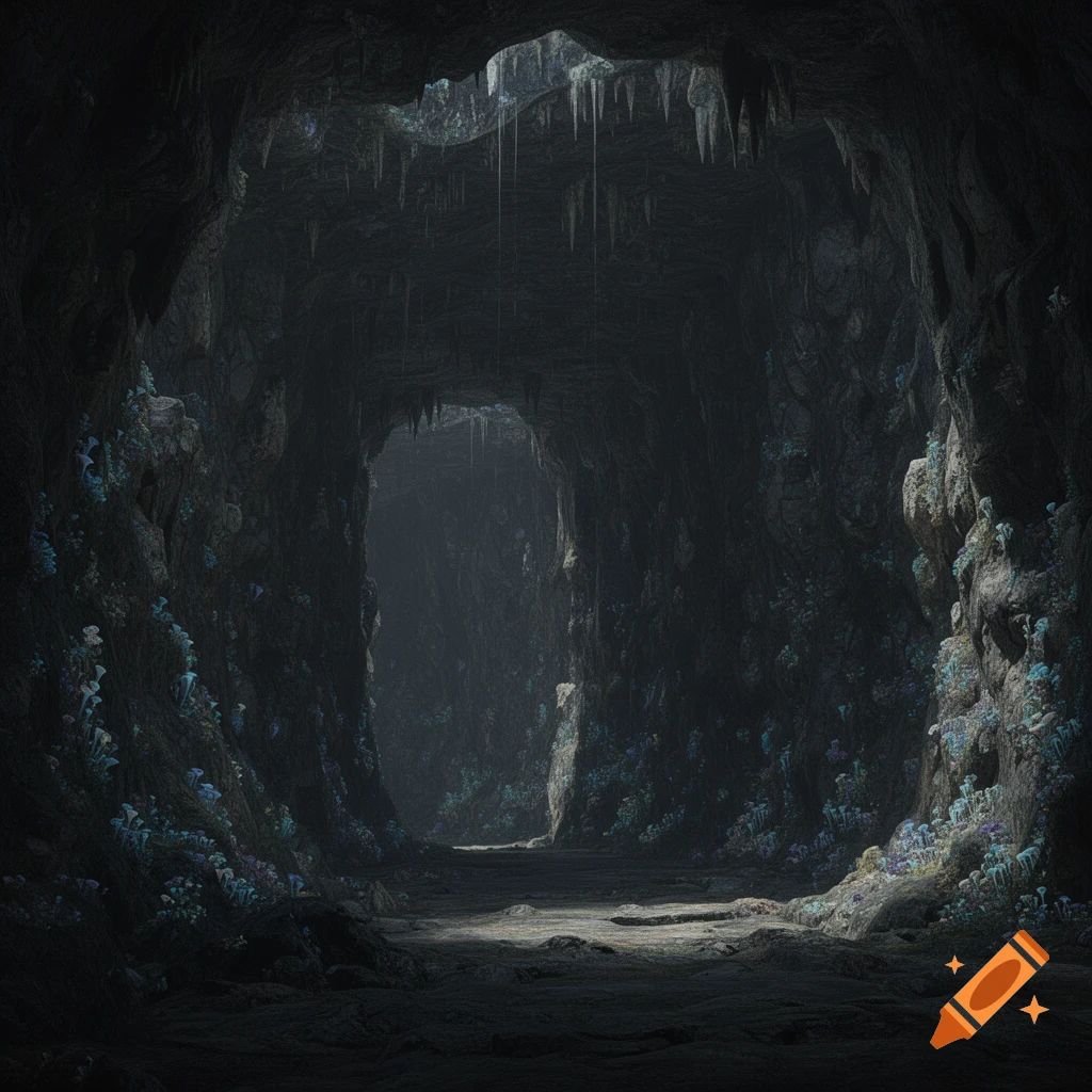A dark, mysterious cave interior featuring glowing blue and purple flora on rocky walls, with stalactites hanging from the ceiling and a distant light source illuminating the path deeper inside.