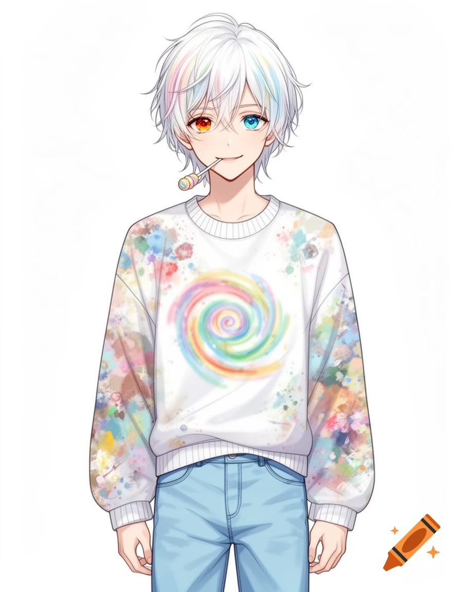Anime boy with multi-colored hair, heterochromia, paint-splattered sweatshirt, light blue jeans, holding a lollipop.
