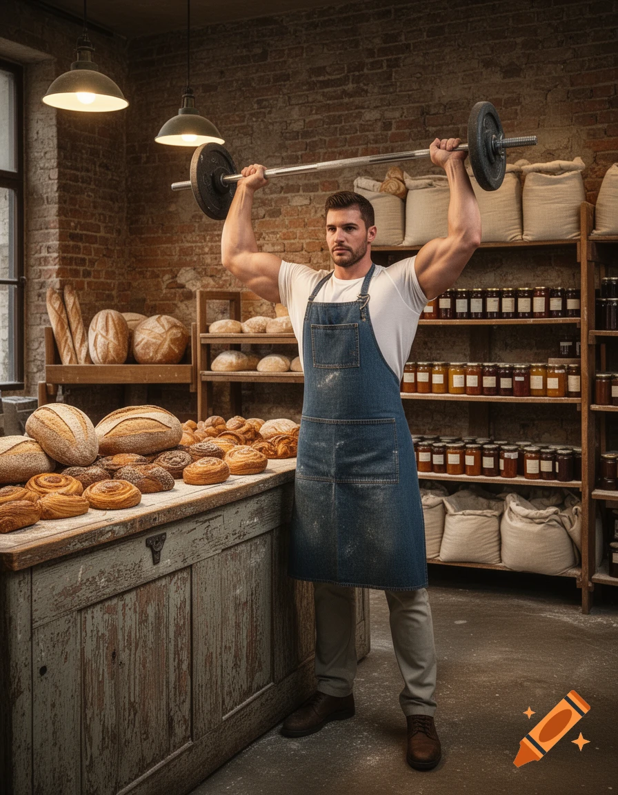 A muscular man in a denim apron performs an overhead press with a barbell in a rustic bakery filled with bread and pastries.