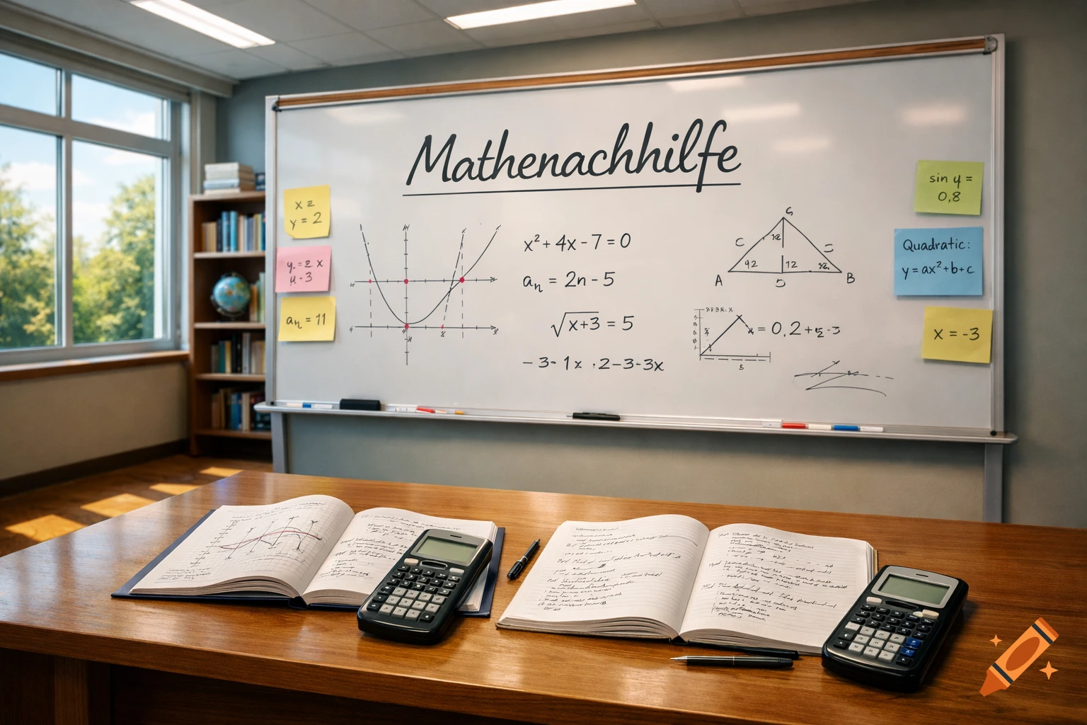 Photorealistic image of a classroom with math equations on a whiteboard, open notebooks, and calculators on a wooden desk.