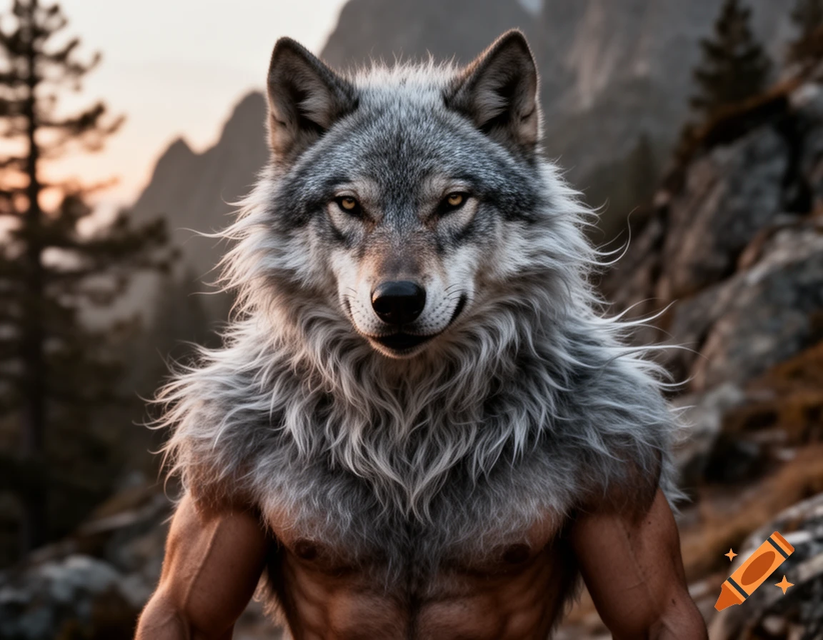 A photorealistic portrait of a muscular grey wolf-man with golden eyes, standing in a rocky forest.