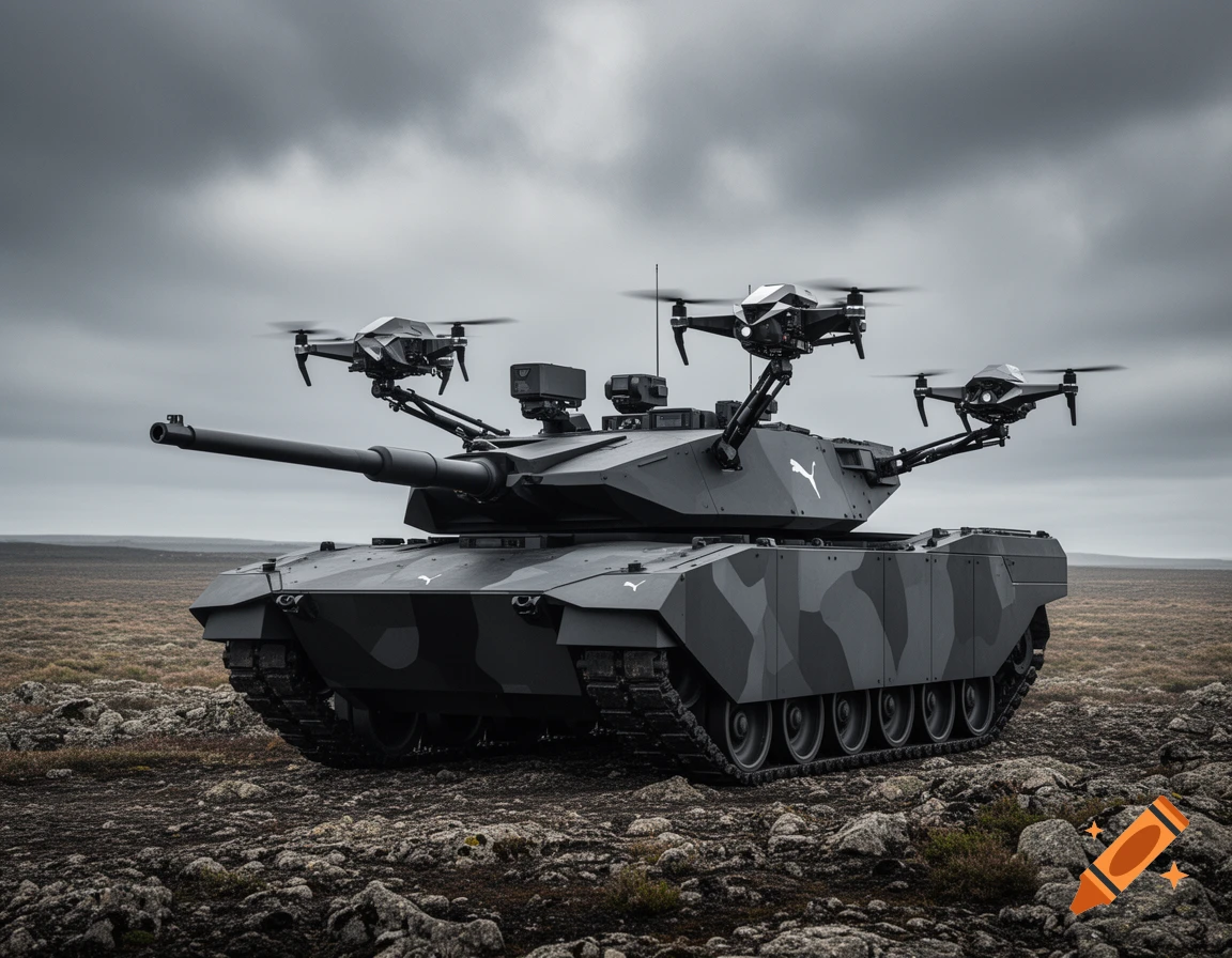 A futuristic gray military tank with a camouflage pattern and three combat drones attached, stands on a rocky, desolate landscape under a cloudy sky.