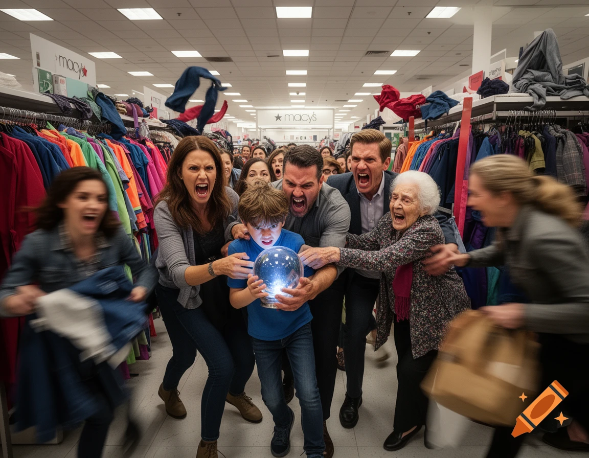 A chaotic scene in Macy's where a family fights over a glowing crystal ball, surrounded by screaming shoppers and flying clothes.
