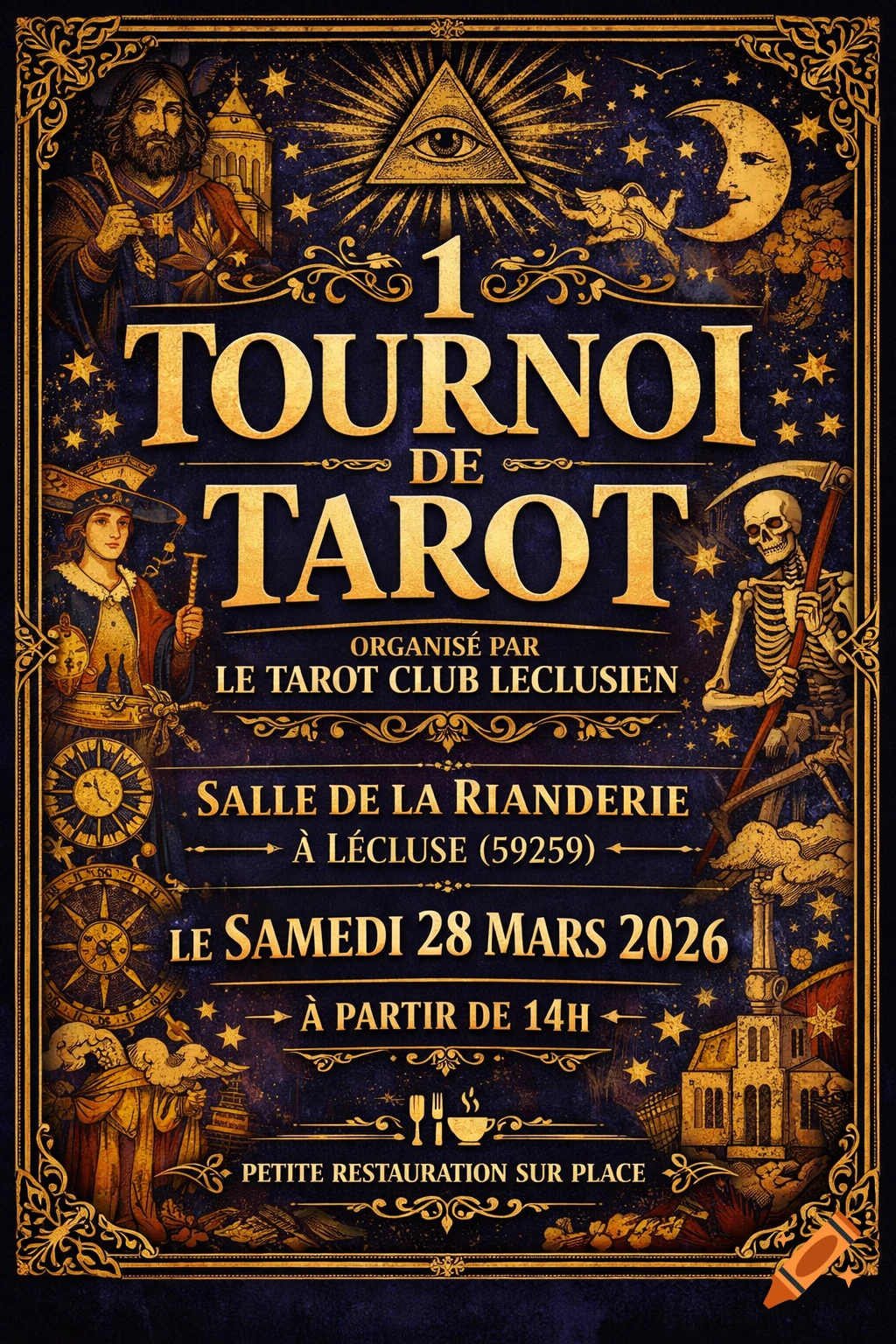 An ornate, vintage-style poster for a Tarot tournament, featuring an all-seeing eye, a crescent moon, a skeleton, and figures in an occult aesthetic.