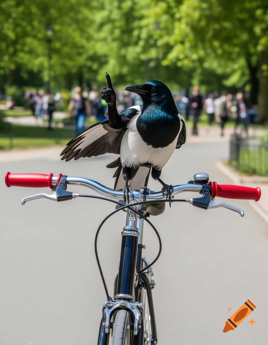 A photorealistic magpie perched on a bicycle handlebar makes a rude finger gesture in a sunny park with blurred people in the background.