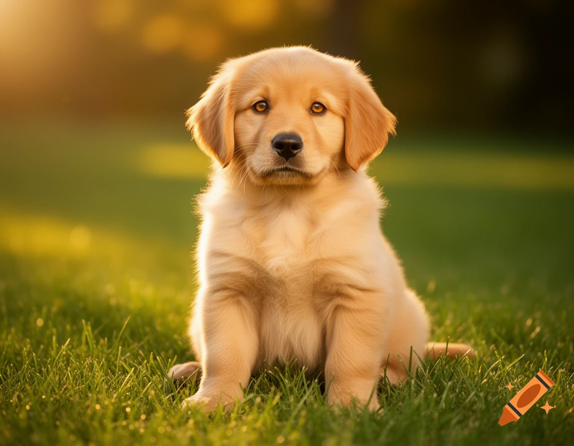 An adorable golden retriever puppy sits in bright green grass, bathed in warm golden sunlight.