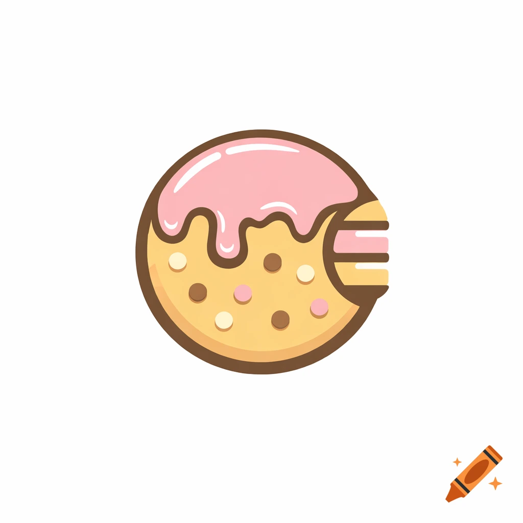 Minimal vector bakery logo of a round cookie with pink frosting, bitten on the right to form the letter E.