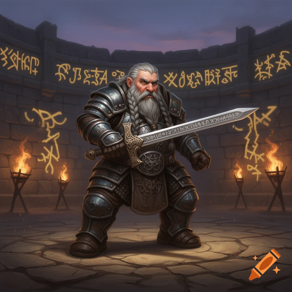 An old, armored dwarf with a long white beard holds a sword in a stone chamber with glowing runes.