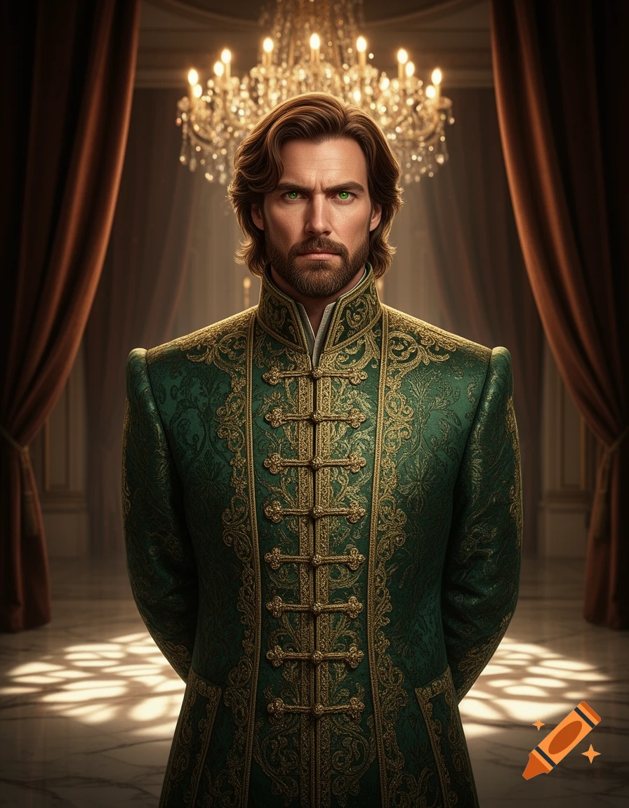 A photorealistic portrait of a man with brown hair and a beard, green ...