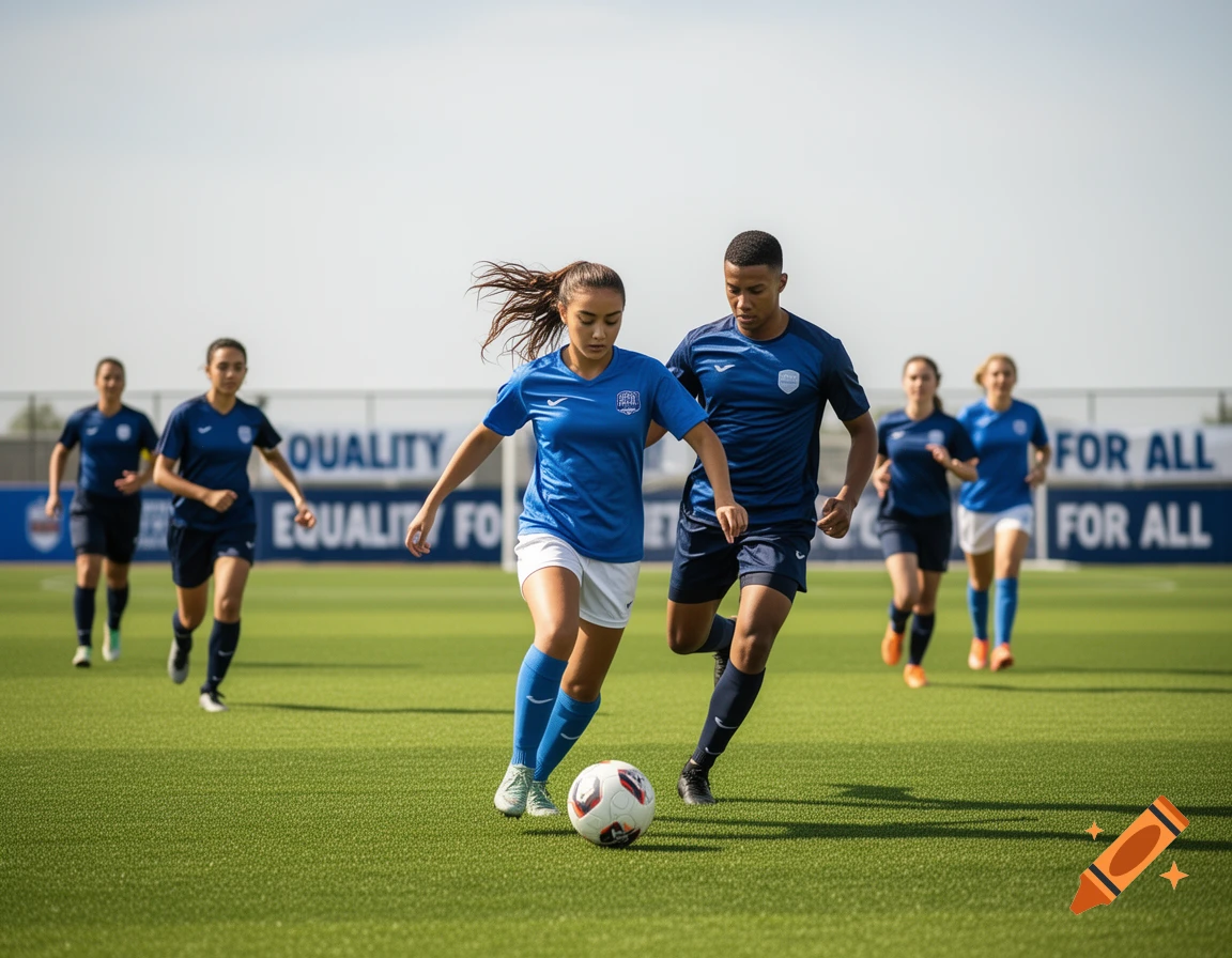 Male and female athletes play soccer on a green field, with "EQUALITY FOR ALL" on a background banner.