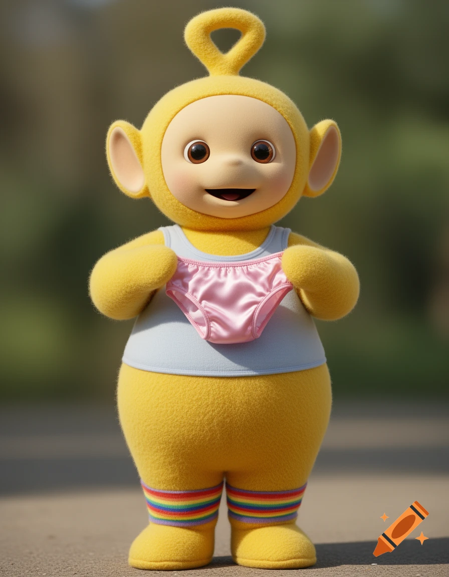 A hyperrealistic yellow Teletubby, Laa-Laa, wearing a light blue tank top and rainbow knee socks, holds up pink panties.