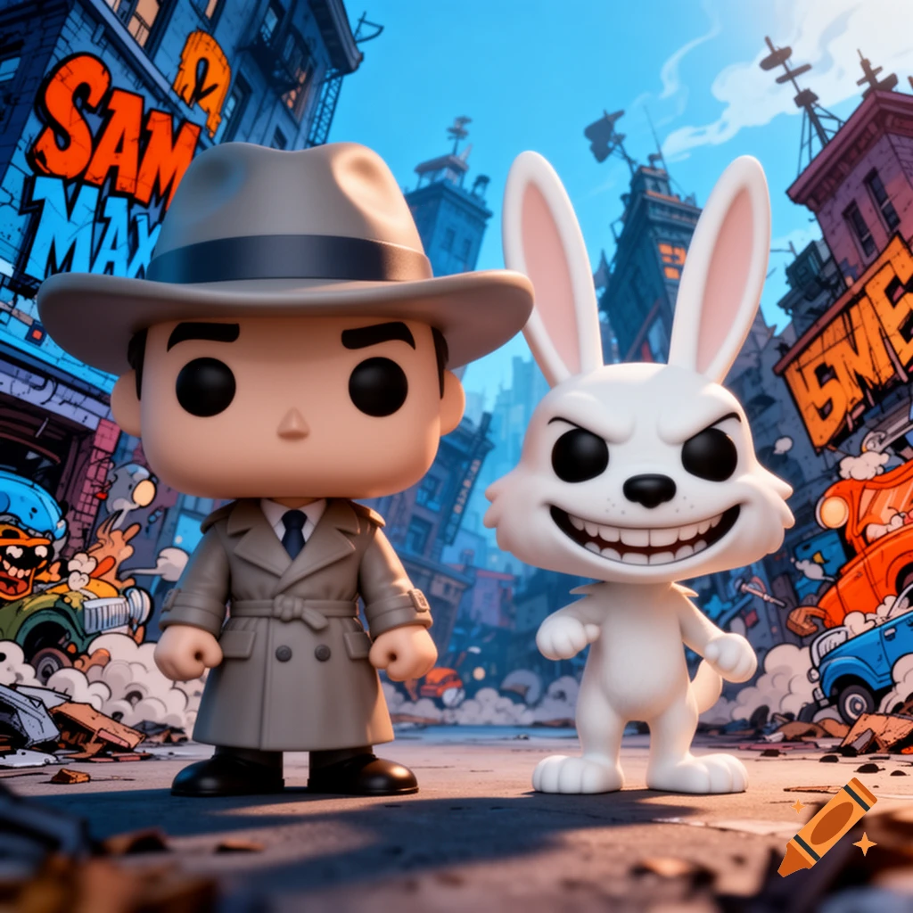 Two Funko Pop figures, one of a man in a trench coat and fedora, the other a white rabbit with a wide grin, stand in a stylized, graffiti-covered city. The background features buildings with graffiti, including the legible words "SAM MAX".