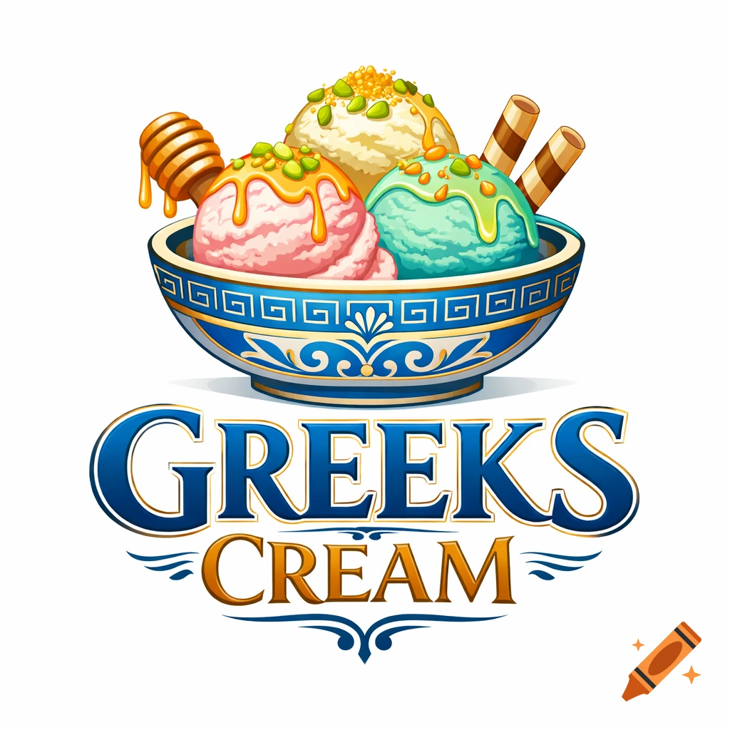 A vibrant logo featuring a blue and gold bowl filled with three scoops of ice cream, topped with honey and pistachios, above the words 'GREEKS CREAM'.