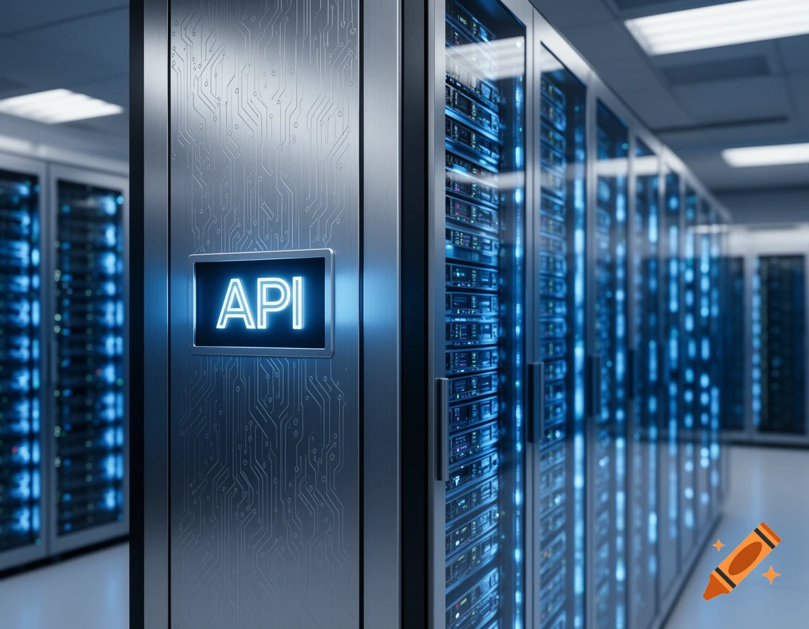Glowing blue API sign on a server rack in a data center with rows of blue-lit servers, photorealistic.