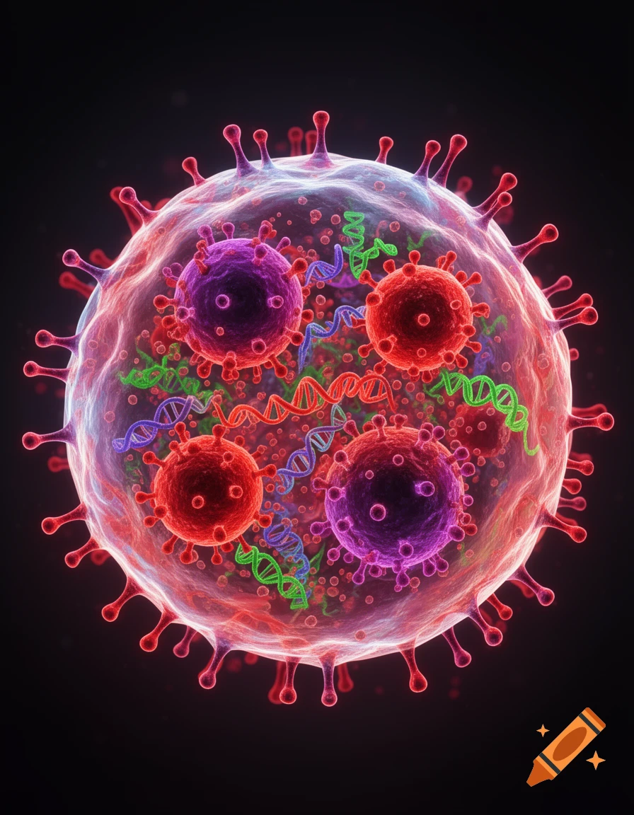 Detailed 3D illustration of a virus with internal DNA strands and smaller virus-like particles, against a dark background.